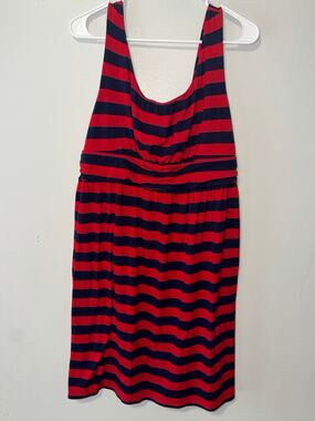 Faded Glory Red and Navy Striped Dress Scoop Neck Sleeveless Elastic Waist